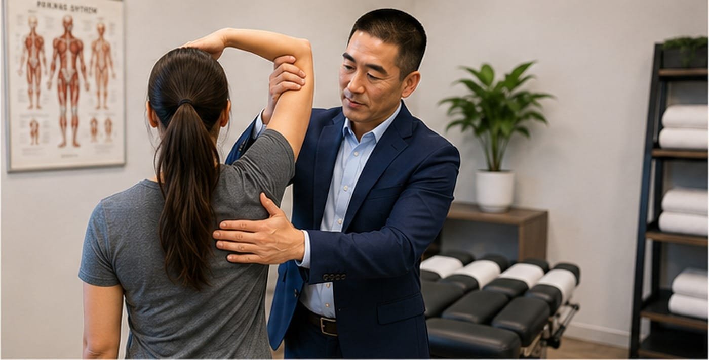 Dr. Cliff Ikeda D.C. discussing chiropractic X-rays with a patient in Torrance CA