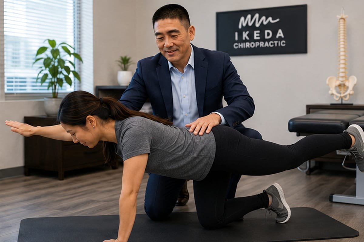 Dr. Cliff Ikeda D.C. guiding therapeutic exercises at Ikeda Chiropractic in Torrance CA